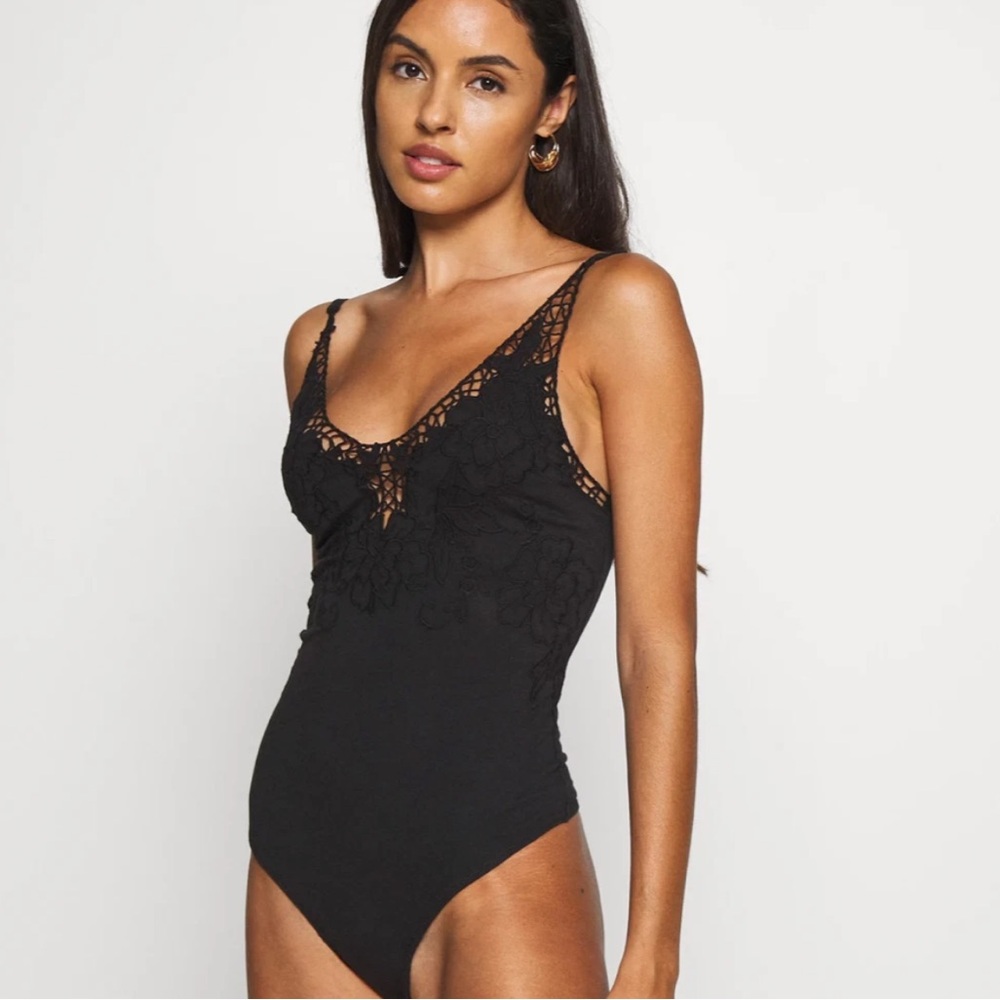 Free People Lea Bodysuit Floral Embroidery Top in Black Size XS